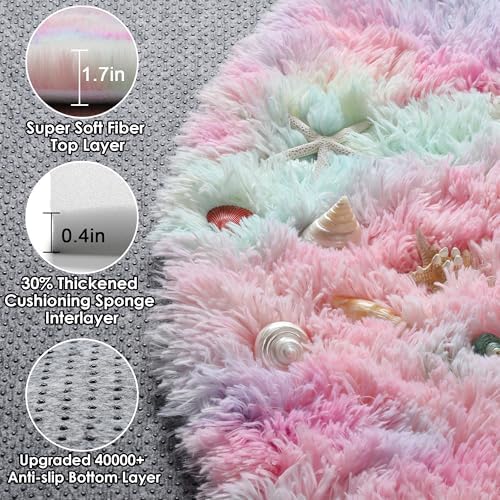 ONASAR Rainbow Round Area Rugs 5ft, Soft Bedroom Circle Rug Mats for Kids Girls Teen Room, Kawaii Fluffy Plush Shaggy Carpet for Dorm Nursery Living Room Playroom Home Decor Princess Castle - Image 2