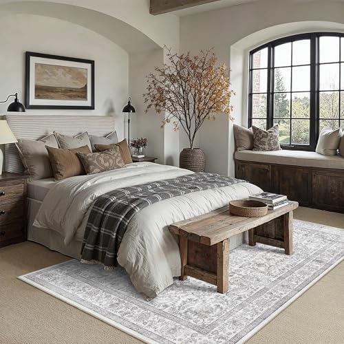 5x7 Washable Bedroom Area Rug Non-Slip Vintage Gray Throw Carpet - Image 7