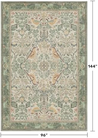 Boho 8x12 Living Room Rugs - Plant & Bird Patterned Rugs for Bedroom Under Bed, Traditional Victorian Sage Green Décor, Washable Non Slip Foldable Lightweight Carpet - Image 2