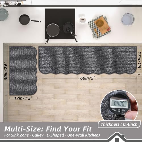 BEQHAUSE Kitchen Rugs Set of 2 Scalloped Edge, 17x30+17x60 in, Charcoal - Image 2