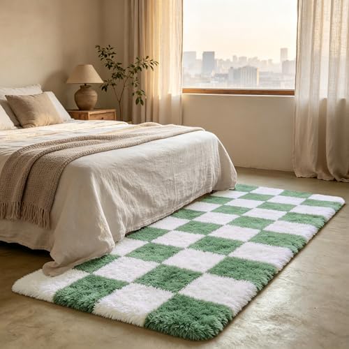 Shag Runner Rug for Bedroom Living Room 3x7 Upgrade Non-Slip Fluffy Soft Bedside Rugs,Green and White Shaggy Carpet for Livingroom Dorm Home Decor Aesthetic - Image 3