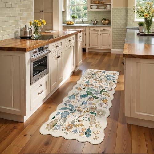 3x6 Runner Rug Machine Washable: Floral Carpet Runner for Hallway Cream - Image 2