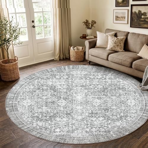Sasttie Round Rug 8ft, Ultra-Soft Washable Rug for Living Room, Light Grey by SASTTIE