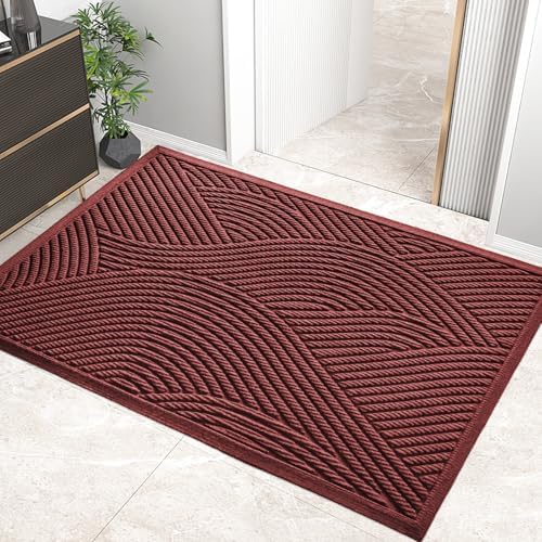 HIYARD Sturdy Front Door Mat, Absorbent Muddy Dirt Resist Welcome Door Mats Outdoor Indoor, Stain and Fade Resistant, Non-Slip Backing Entry Mat Low Profile Doormat for Entryway, 47×32, Red by HIYARD