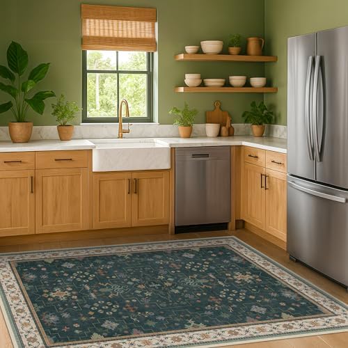 Hazo Haus Dark Green 4x6 Living Room Rug - Modern Vintage Boho Floral Forest, Washable Low Pile Non-Slip Area Rugs for Door Mat Entrance, Mudroom, Kitchen, Bedroom Beside Bed, Office - Image 6