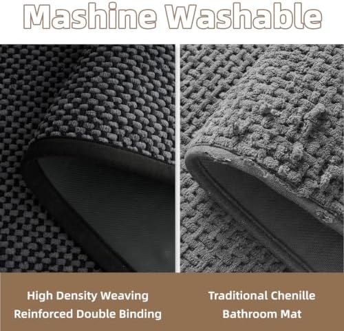 PADOOR-Bath Mat-Super Absorbent Chenille Bathroom Mats-Rubber Backed Bath Mats for Bathroom Non Slip, Easy Clean Bathroom Rugs Front of Bathtub,Shower Room,Sink-20×32, Darkgrey&Black - Image 5