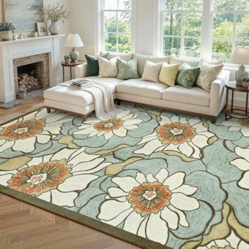 8x10 Ft Floral Area Rugs for Living Room, Thin Soft Washable Carpet Green by Cuzwlovita