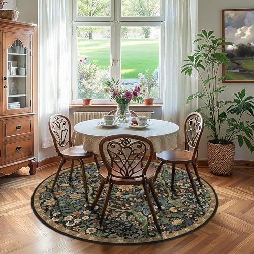 Round Rug 5ft Floral Circle Rug Brown Botanical Indoor Area Rugs - Image 3