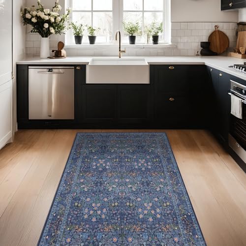 Vintage Dark Blue 3x4 Entryway Rug, Washable Small Area Rugs for Kitchen, Bedroom, Oriental Low Pile Stain Resistant Non-Slip Large Rug - Image 3