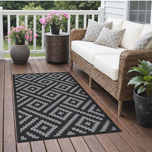 GENIMO Outdoor Rug 3'x5' Waterproof for Porch, Plastic Door Mat Black Grey - Image 2
