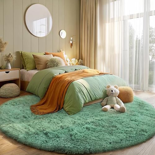 OLANLY Mint Green Round Rugs for Bedroom - Machine Washable, 7 ft Circle Area Rugs for Living Room, Soft and Fluffy Shaggy Carpet for Teen Girls and Boys, Nursery Rooms, Dorms, Home Decor Aesthetic - Image 2
