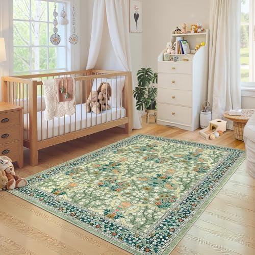 GarveeHome 4x6 Washable Area Rug for Living Room, Floral Large Entryway Kitchen Rug Non Slip, Ultra Soft Stain Resistance Carpet for Bedroom Laundry Room, Sage Green - Image 3