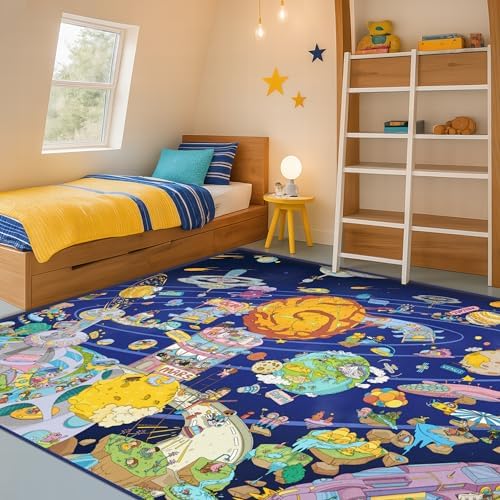 Outer Space Adventure 5x7 Kids Rug – Vibrant Galaxy Scene with Planets, Astronauts, Spaceships & Fun Details – Perfect Playroom or Bedroom Carpet for Learning & Imagination - Image 3