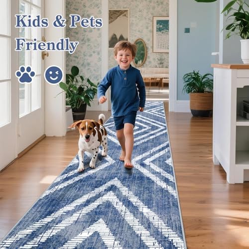 2x10Ft Boho Hallway Runner Rugs Non Slip, Blue Geometric Washable Rug Runners for Kitchen, Soft Low Pile Modern Farmhouse Entryway Floor Carpets for Entrance Doorway Bedroom Home Decor - Image 5