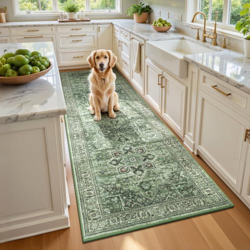 Sage Green 2x6 Hallway Runner Rugs, Non-Slip Vintage Rug for Kitchen by Vibrug