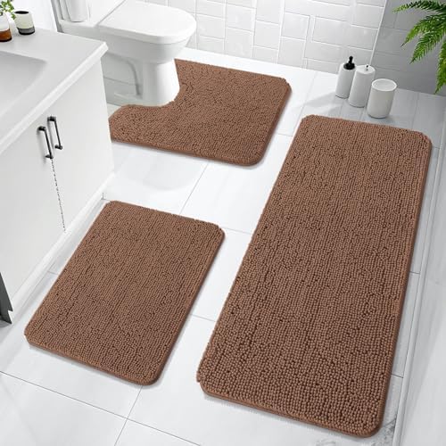 OLANLY Chenille Bathroom Rugs Sets 3 Piece, 47"x20"+24"x16"+24"x20", Mocha by OLANLY