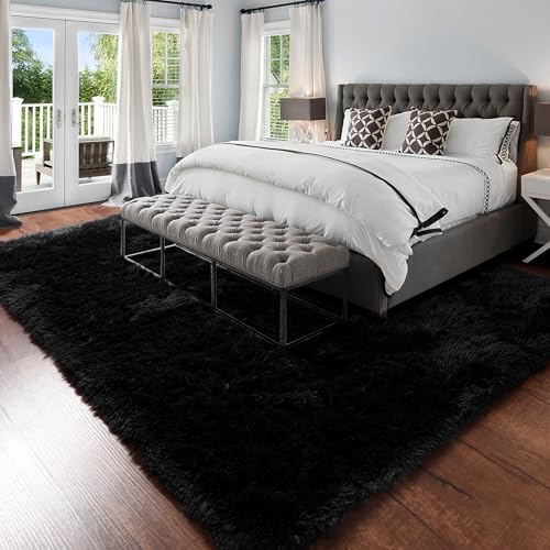 Amdrebio Black Furry Large Area Rug 8x10 for Living Room Men Bedroom Carpet - Image 3