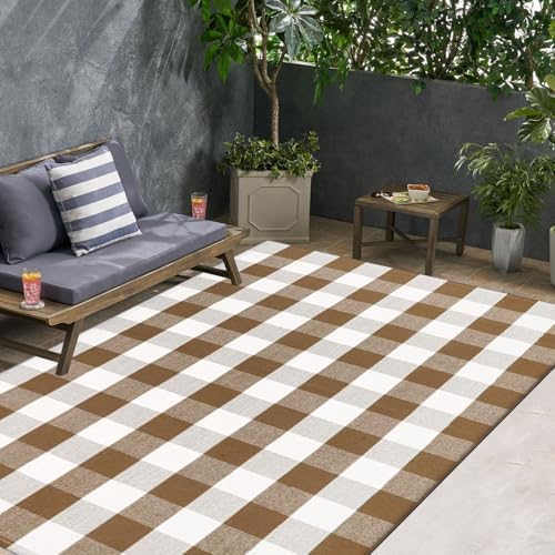 Buffalo Plaid Outdoor Rugs, 4' x 6' Brown and White Checkered Indoor/Outdoor Area Rug, Layering Rug for Hello/Welcome Door Mat, Washable Cotton Woven Farmhouse Mat for Fall Front Porch Décor - Image 7