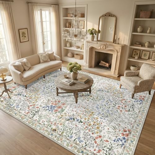 Vintage Botanical Floral Rug 8x10: Cottage Area Rug - Machine Washable Non Slip Low Pile Foldable Carpet - Living Room Bedroom Dining Room Indoor Rug - 8'x10' Beige by YOUFORTONG