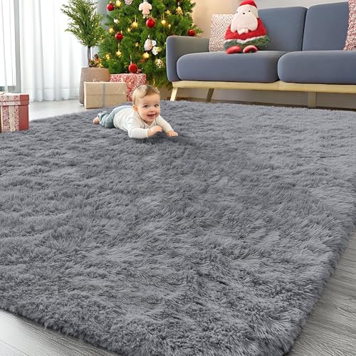 OLANLY 6x8 Machine Washable Large Area Rugs for Living Room, Bedroom, Soft Fluffy Shaggy Bedside Rug, Indoor Floor Carpet for Kids Girls and Boys, Dorms, Nursery, Home Decor Aesthetic, Light Grey by OLANLY