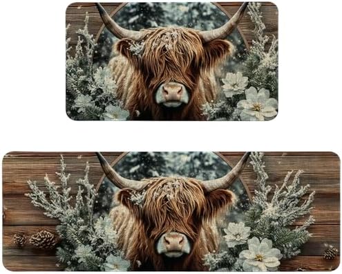 Farmhouse Kitchen Rugs Sets of 2 Non Slip Washable, Rustic Country Highland Cow Kitchen Mats for Floor 2 Piece Home Decor by Unknown