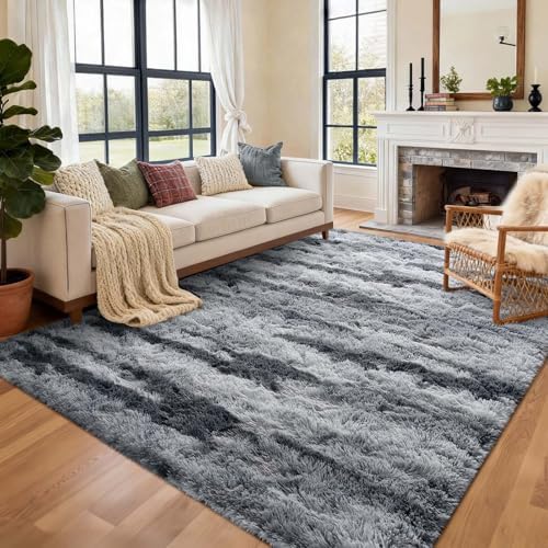 5x7 Ft Large Shag Rugs for Bedroom Living Room for Men Boys, Tie Dyed Ultra Soft Fluffy Furry Area Rug for Indoor Floor, Aesthetic Carpet for Home Decor (Grey) by Cuzwlovita