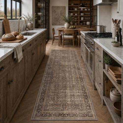 JOOJA 3x10 Brown Vintage Floral Low Pile Non Slip Washable Boho Runner Rug by JOOJA