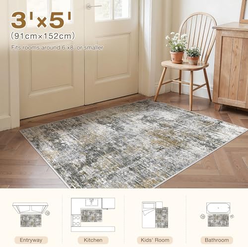 kakania Abstract 3x5 Area Rugs for Living Room: Washable Rugs Black Gold - Image 2