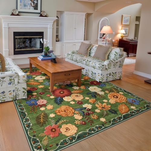 Washable 5x8 Area Rug, Green Boho Floral Non-Slip for Living Room, Bedroom by GERUIMO