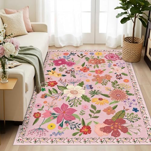 3x5 Entryway Area Rugs, Washable Floral Pink Rugs for Living Room - Image 5