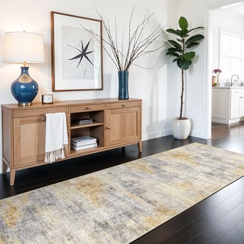 3x6 Runner Rug Washable Abstract: Non Slip Hallway Floor Mat Grey/Yellow - Image 2