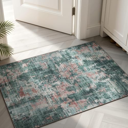 Sasttie 2x3 Entryway Area Rug, Modern Abstract Small Carpet, Pink & Green by SASTTIE