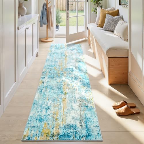 2x7 Teal Blue Rug Runners for Hallways Kitchen Runner Rug Non Slip Washable Black Long Runner Rugs with Rubber Backing Soft Abstract Carpet Runner for Bedroom, Kitchen, Bathroom, Entryway by OmpaaHomeDecor