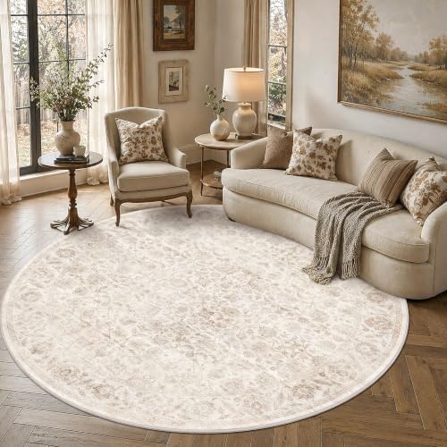 Washable 6ft Round Living Room Non-Slip Rug Retro Beige Throw Carpet by HOME