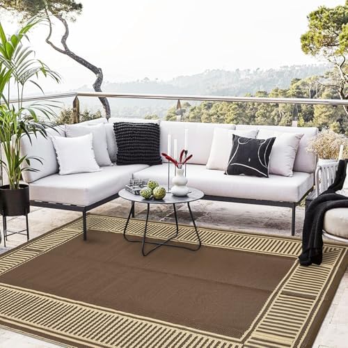 GAOMON Large Outdoor Camping Rug 9x18 Modern Bordered Reversible Outdoor Carpet Foldable Retro Plastic Straw Rug Portable Outside Patio Rugs Floor Mat for Porch, Beach, Balcony, Backyard,Border-Brown - Image 2