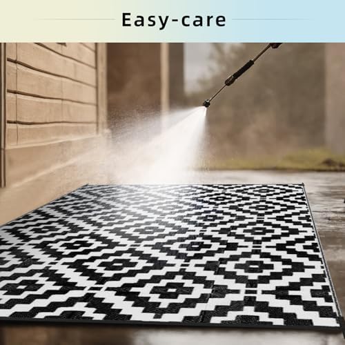 Favoyard Outdoor Rug Black & White 9x12 ft Waterproof Reversible Carpet Mat - Image 4