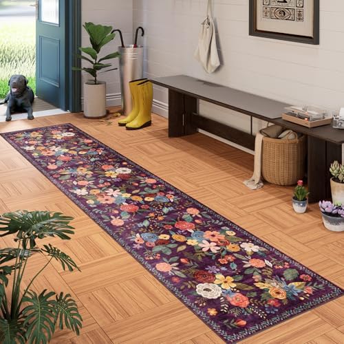 Purple Floral Hallway Runner Rug 2x10 for Hallways Kitchen Bathroom - Image 2