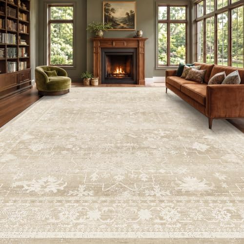 Beige Farmhouse 10x14 Area Rugs for Living Room, Neutral Creamy Sandy Gold Washable Large Rug for Bedroom Under Bed with Distressed Geometric Design, Soft Stain Resistant Low Pile Non-Slip by Unknown