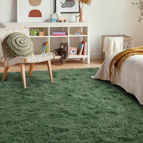 5x7 Ft Shag Green Area Rug for Bedroom Living Room, Ultra Soft Fluffy Furry Rugs for Indoor Floor, Aesthetic Carpet for Kids Home Decor - Image 3