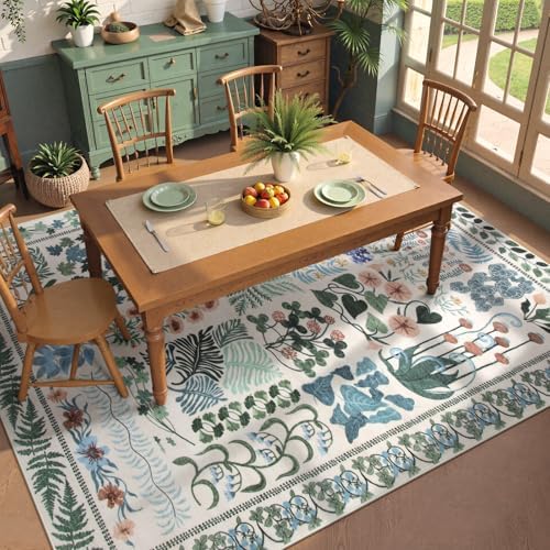 Zealude Floral Boho 5x7 Area Rugs for Bedroom Living Room, Botanical Soft Dining Room Rug, Large Non Slip Stain Resistant Indoor Throw Carpet for Entryway Kitchen Office Playroom (Beige,5 x 7) - Image 5