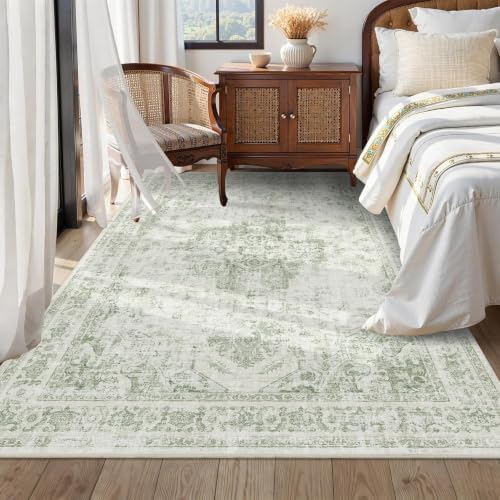 5x7 Washable Bedroom Area Rug Non-Slip Medallion Green Throw Carpet - Image 3