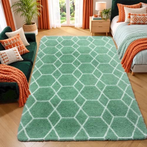 Area Rugs for Bedroom Living Room, 4x6 Fluffy Sage Green and White Rug by ONASAR