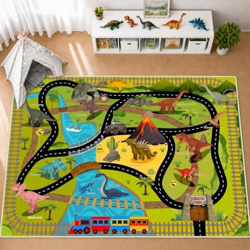 Washable Kids Rug for Playroom, 5x7 ft Faux Wool Dinosaur Rug with Road Map for Childrens, Non-Slip Car Carpet for Boys Bedroom Classroom, Soft & Non-Slip - Image 3