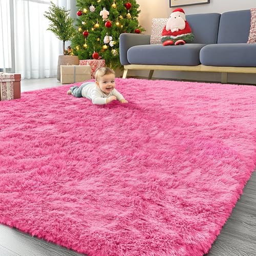 OLANLY 9x12 Machine Washable Large Area Rugs for Living Room, Bedroom, Soft Fluffy Shaggy Bedside Rug, Indoor Floor Carpet for Kids Girls and Boys, Dorms, Nursery, Home Decor Aesthetic, Hot Pink by OLANLY