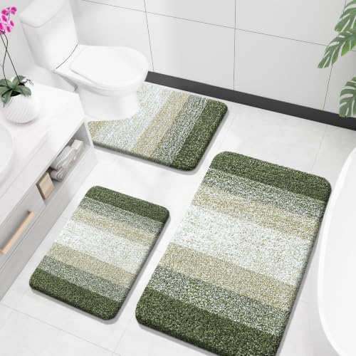OLANLY Microfiber Bathroom Rugs Sets 3 Piece, Soft Bath Mats, Dark Green by OLANLY