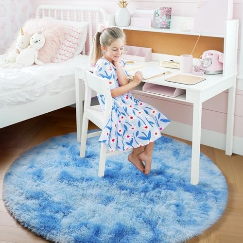 Amdrebio Tie-Dyed Light Blue Round Rug 4Ft for Girls Bedroom Baby Nursery - Image 3