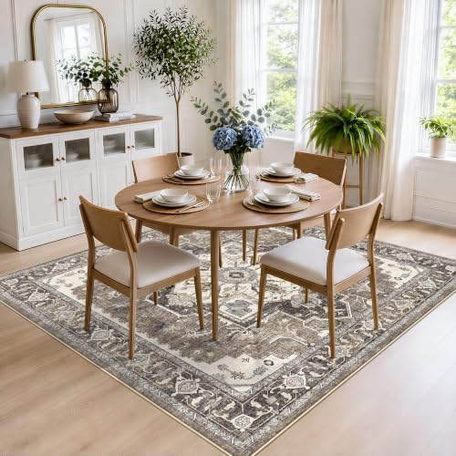 5x5 Square Rug for Living Room: Washable Vintage Non-Slip Area Rugs for Kitchen Entryway Low Pile Soft Thin Carpet for Bedroom Stain Resistant Easy-Clean Home Decor Gifts for Housewarming(Beige,5x5) - Image 4