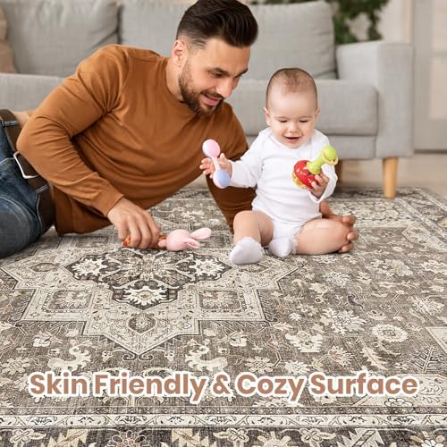 cotiled 6x9 Area Rug for Living Room, Washable, Traditional, Brown - Image 4