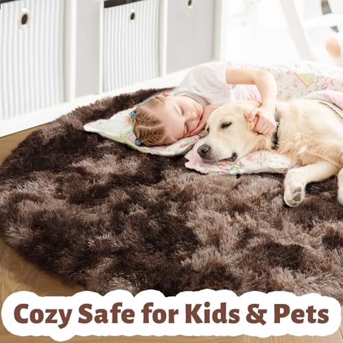 Amdrebio Brown Tan Round Fluffy Kids Area Rug 5Ft for Bedroom Living Room - Image 4
