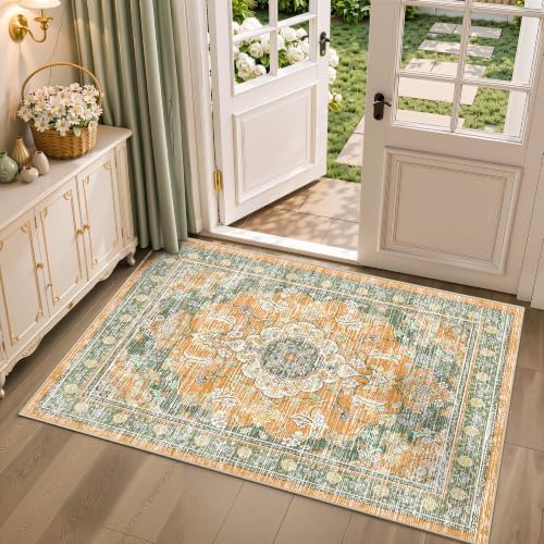 2x3 Boho Washable Entryway Area Rugs, Small Non Slip Door Mat, Green Orange by tubeamin